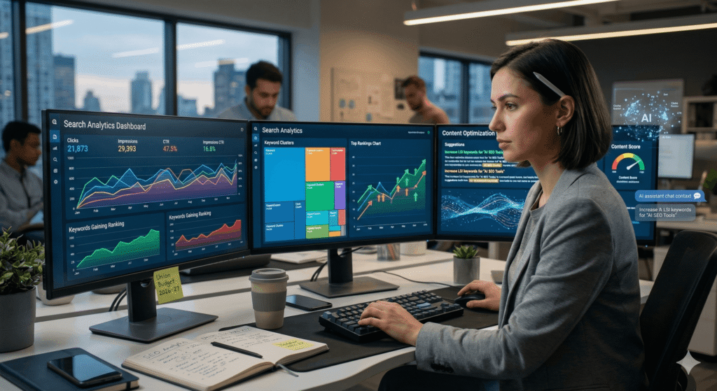 AI SEO tools dashboard showing keyword research and search ranking analytics used for search engine optimization