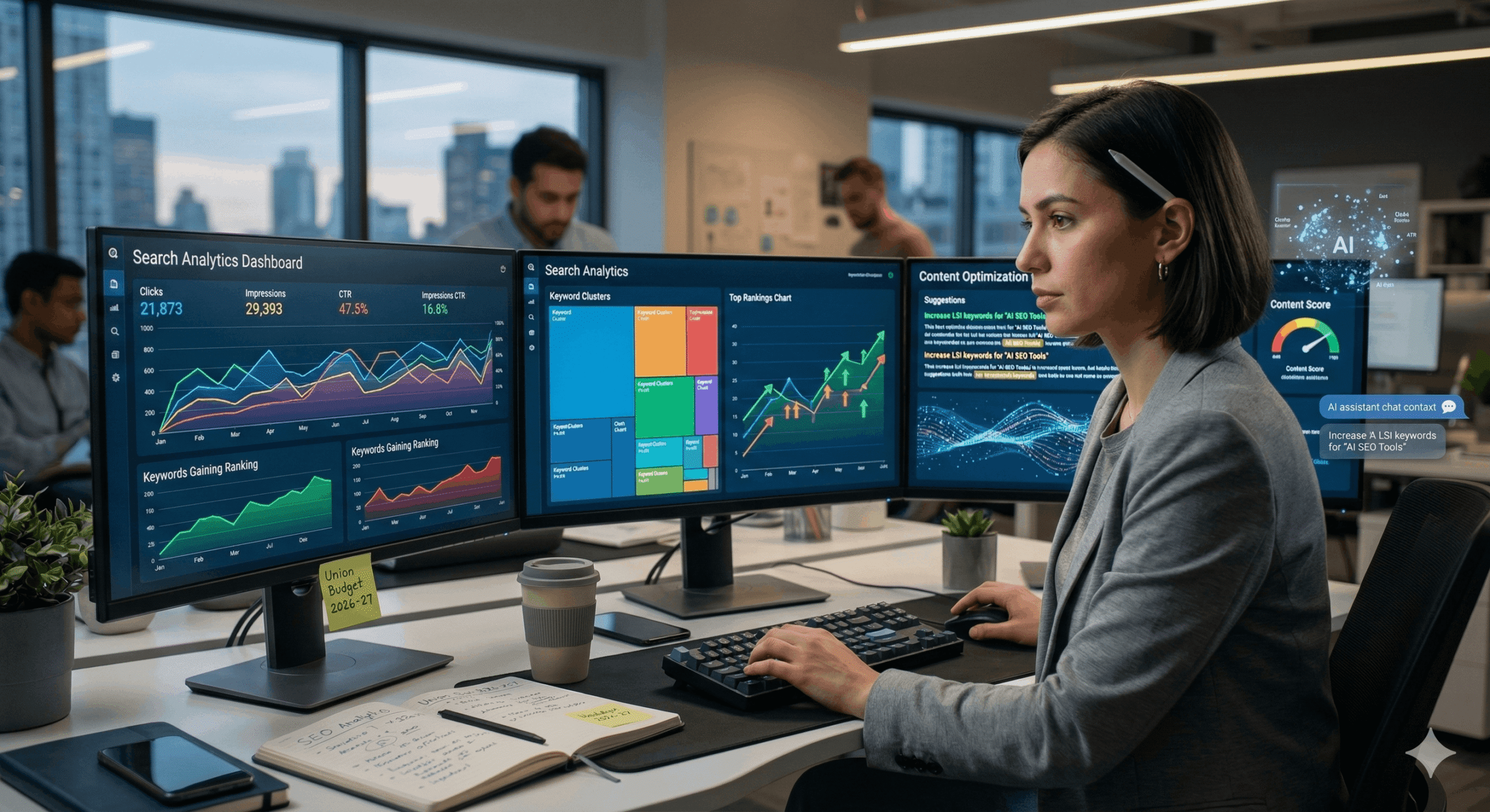 AI SEO tools dashboard showing keyword research and search ranking analytics used for search engine optimization