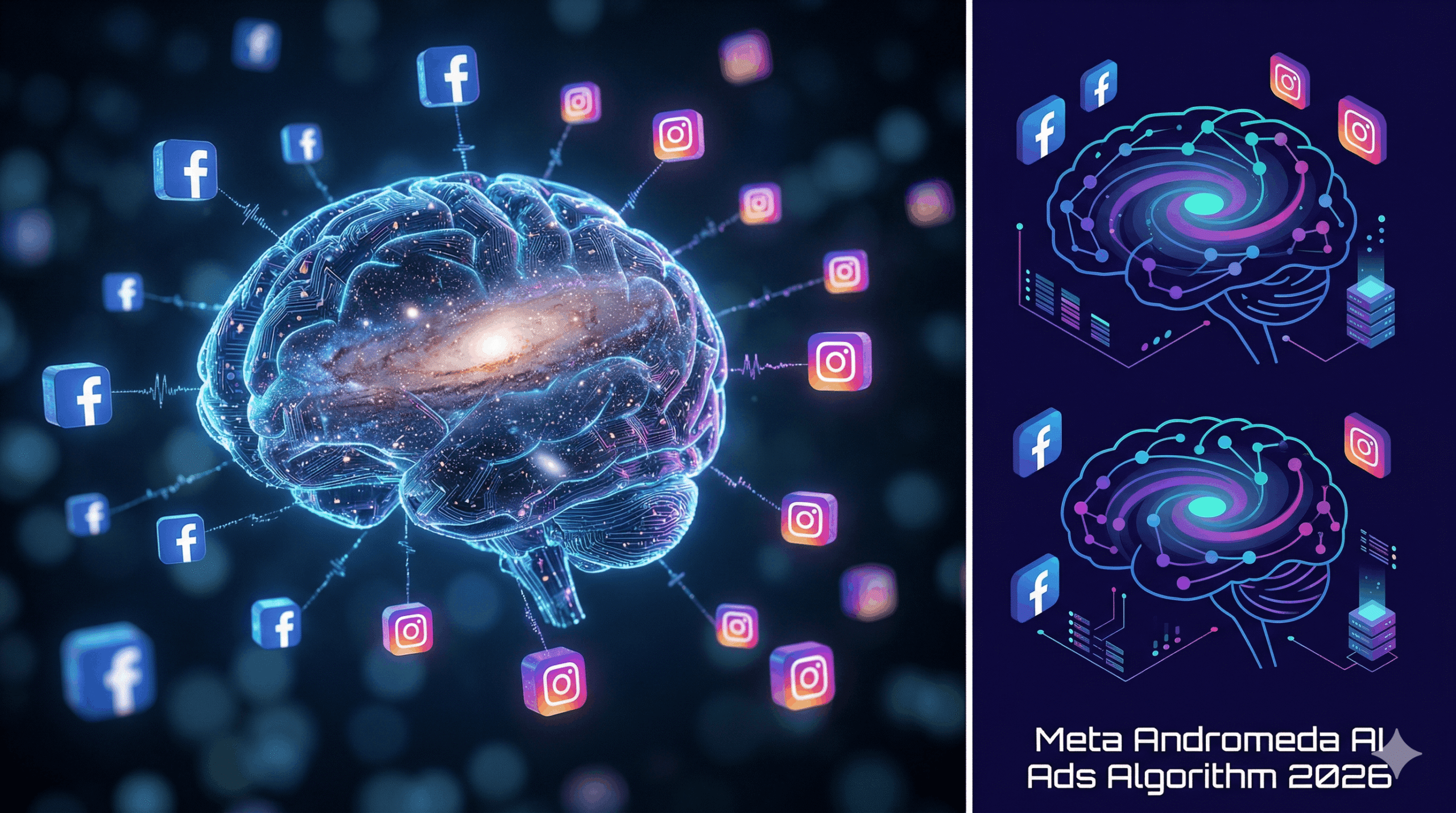 Meta Andromeda AI system analyzing Facebook and Instagram ads performance with advanced data visualization