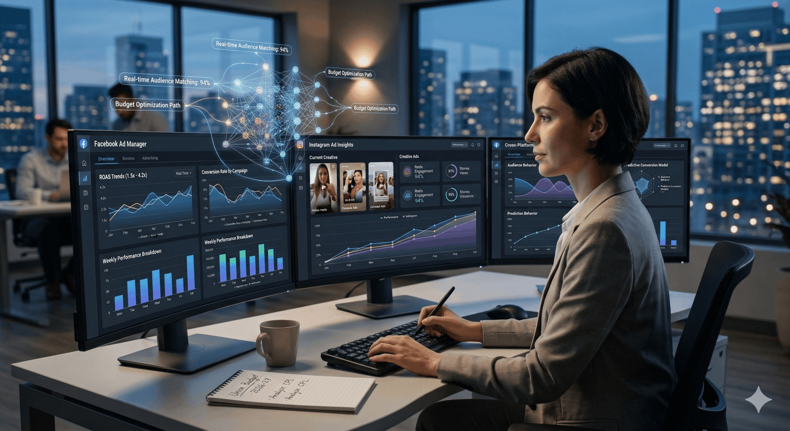 Meta advertising dashboard showing AI powered ad optimization and performance analytics for Facebook and Instagram ads