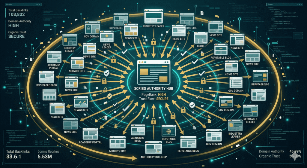 Off-page SEO illustration showing backlinks from multiple websites building domain authority