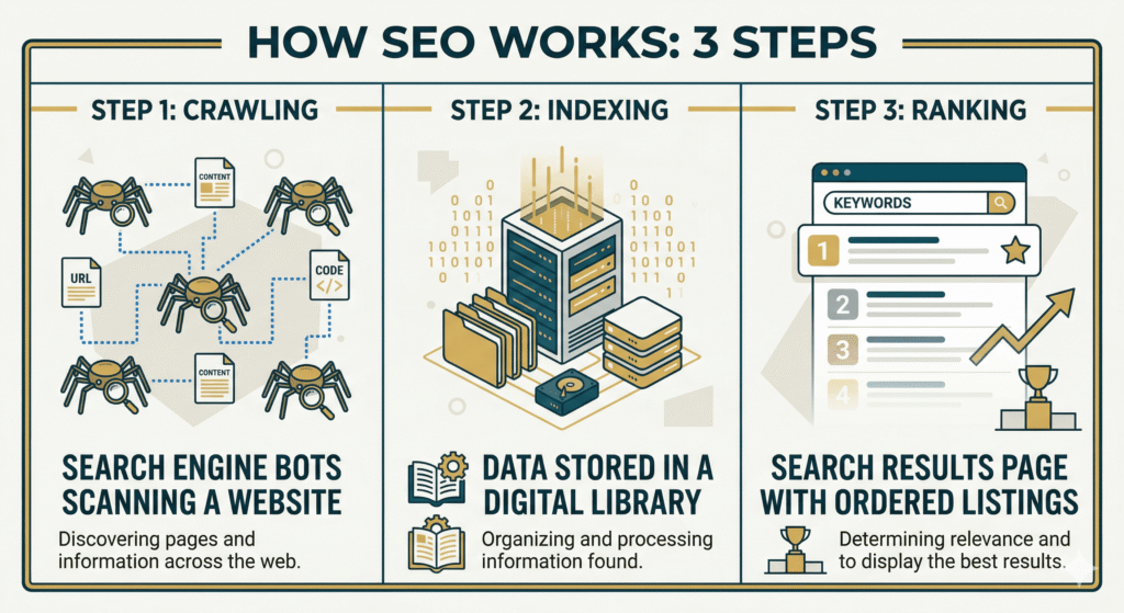 SEO process diagram showing crawling, indexing, and ranking stages in search engines