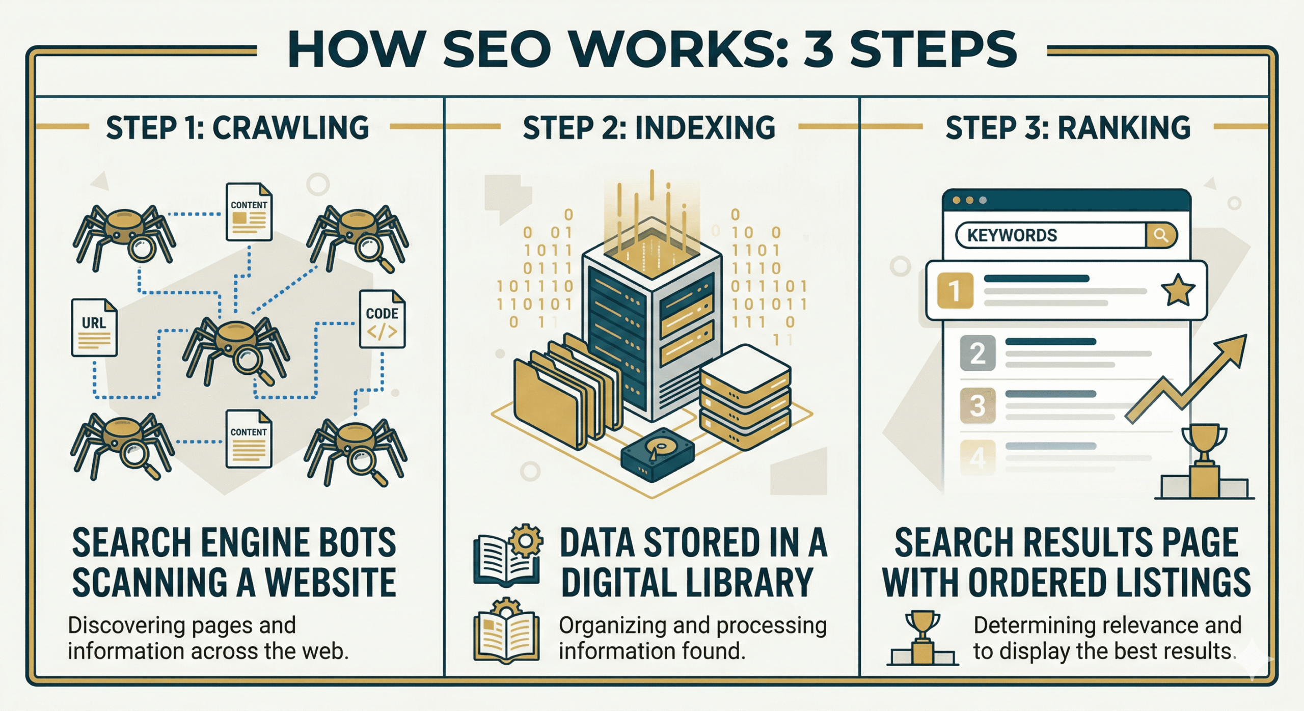 SEO process diagram showing crawling, indexing, and ranking stages in search engines