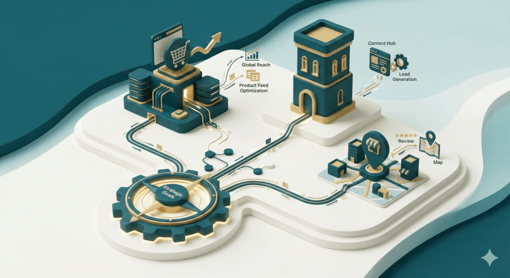 SEO strategy planning showing eCommerce, local SEO, and small business growth analytics on a digital marketing dashboard