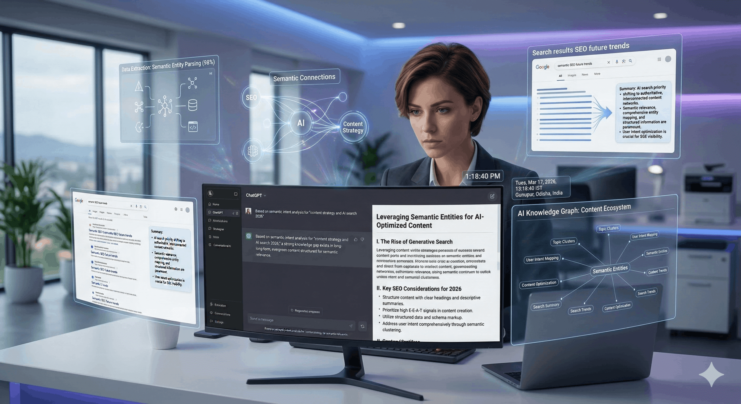 Content optimization for AI search showing structured content and ChatGPT style search results interface
